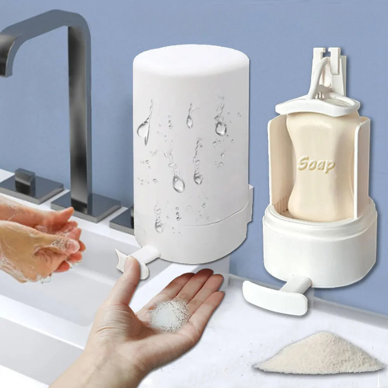 Wall-mounted soap grinder for effortless hand washing, transforming bar soap into fine powder. Waterproof, moisture-proof design with adjustable output levels. Easy traceless installation, ideal for bathrooms and kitchens.