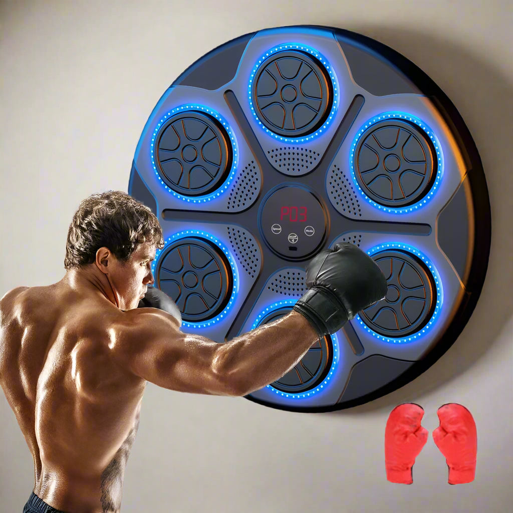 Wall-Mounted Boxing Trainer with RGB Lights & Bluetooth – Interactive punching pad for boxing, MMA, & fitness training. Adjustable speed modes, durable PU-ABS material, easy no-drill installation. Includes gloves, music feature, & reflex training. Perfect for home workouts & gym sessions