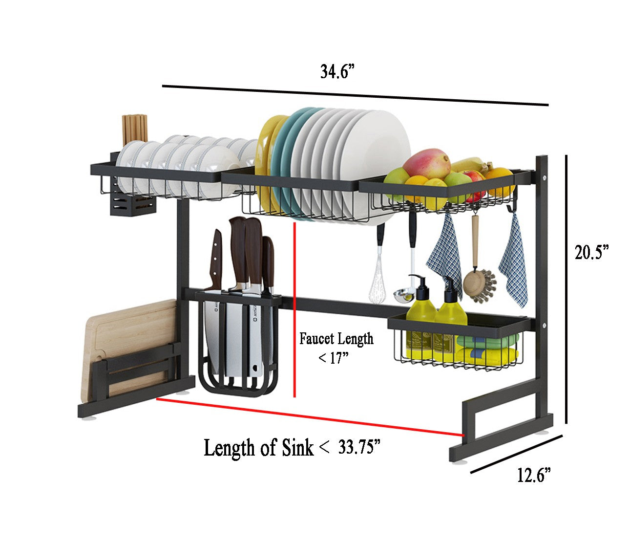 RoyaleGlow 34.6" Stainless Steel Black Dish Drying Rack Over Kitchen Sink, Dishes and Utensils Draining Shelf