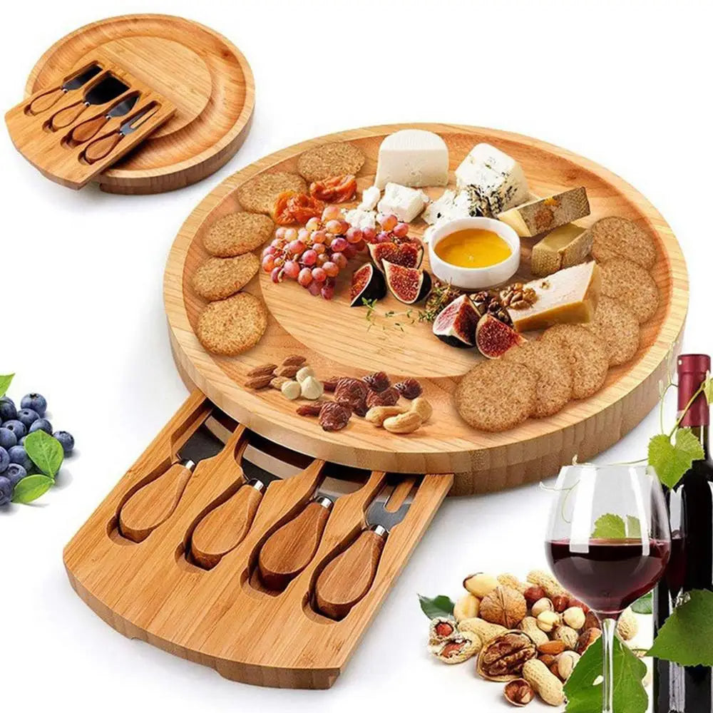Luxora Bamboo Cheese Board with Integrated Drawer and Knives