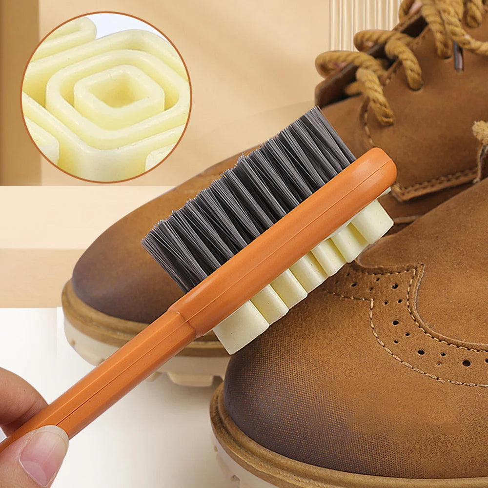 Premium dual-sided suede cleaning brush with ergonomic handle for deep suede brushing, stain removal, and restoring suede shoes, boots, and leather accessories.