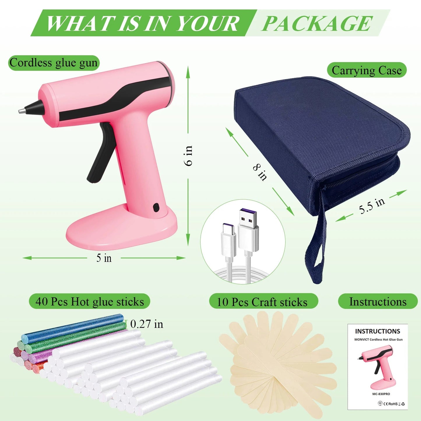 Luxora Cordless Hot Glue Gun Kit (Pink) with 40 Glue Sticks