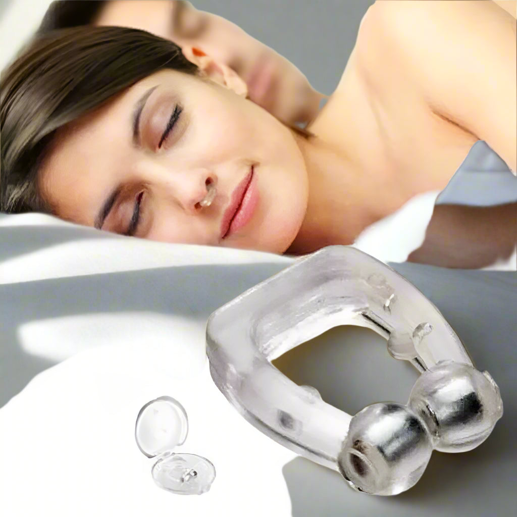Set of 2 magnetic anti-snoring nose clips for better sleep, silicone snore stoppers for improved nasal airflow and reduced snoring, hypoallergenic and one-size-fits-all design.