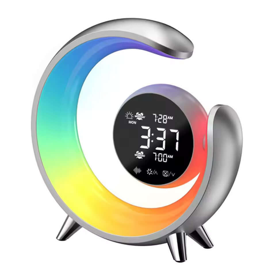 Royallure multifunctional night light with RGB colors, dual alarm clock, and digital display in stylish design.