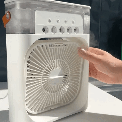 Portable 5-hole mini air cooler fan with 600ml water tank, 3-speed settings, USB-powered, silent operation, humidifier and cooling function for home, office, or travel use.