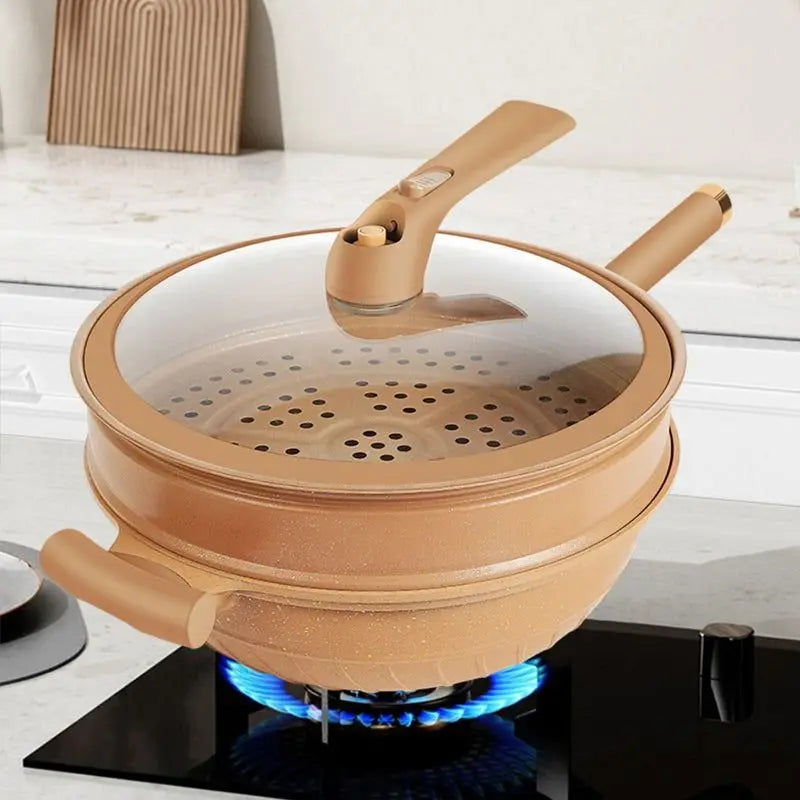 Ultimate Wok Cooker – Fast, even cooking with micropressure technology. Retains nutrients & flavors for healthier meals. Works on gas & induction cooktops. Includes multipurpose steamer basket for steaming veggies, dumplings, and seafood. Nonstick surface for minimal oil use & easy cleanup. Dishwasher-safe & perfect for busy families