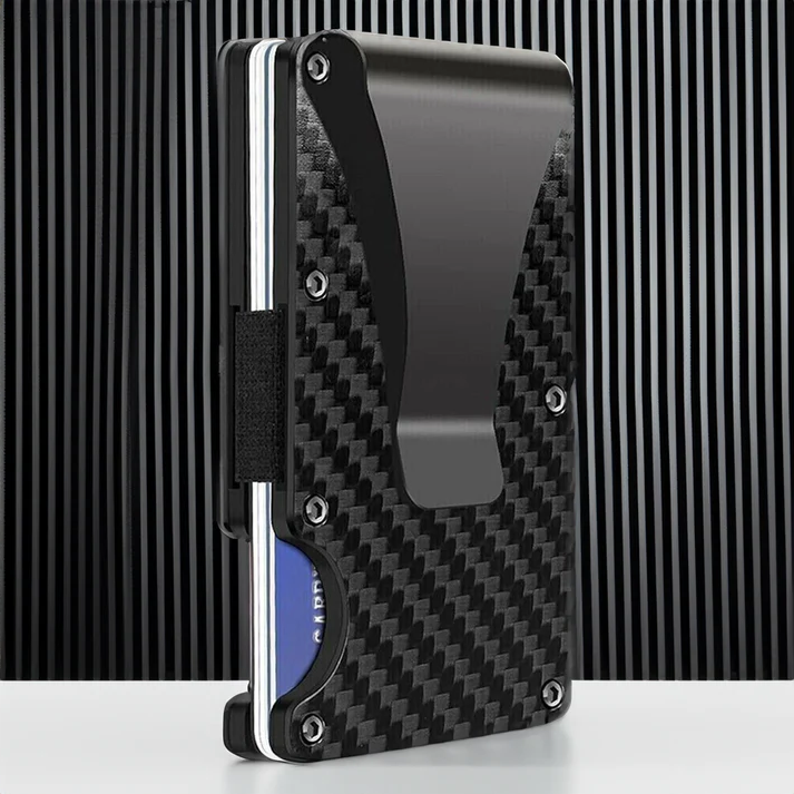 Men's Metal Wallet With Money Clip And Carbon Fiber Credit Card Holder RFID Blocking Slim Front Pocket Design Holds Up To 12 Cards And 9 Bills Lightweight Aviation-Grade Aluminum Construction