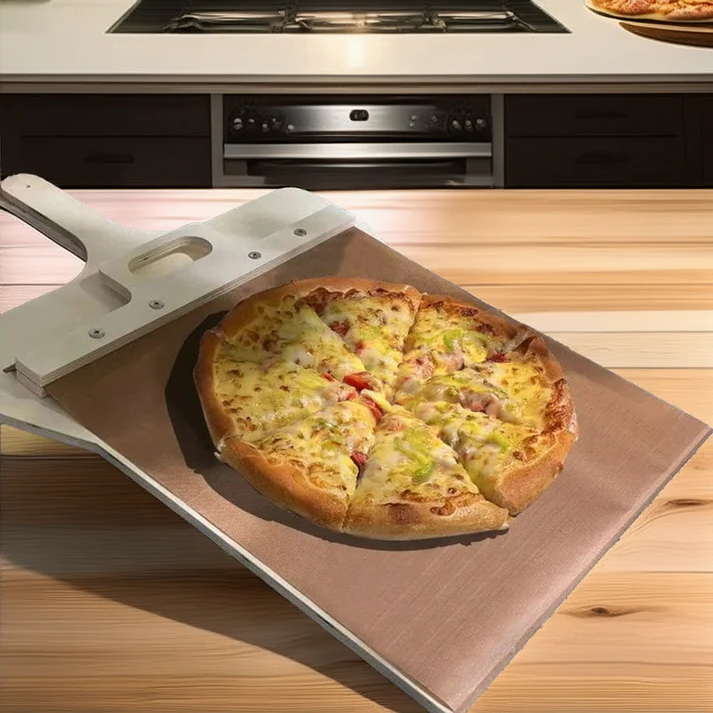 Wooden sliding pizza peel with 14x16" surface and 10" handle for easy transfer of homemade pizzas to oven, grill, or stone.
