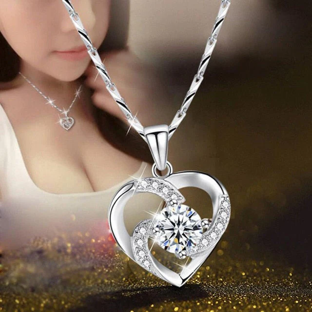 Luxora Crystal Heart Necklace - 925 Sterling Silver Pendant CZ Crystal