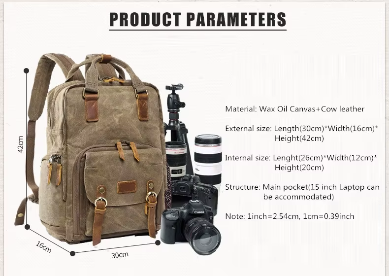 Royaleva Waterproof Waxed Canvas Camera Backpack 30cm