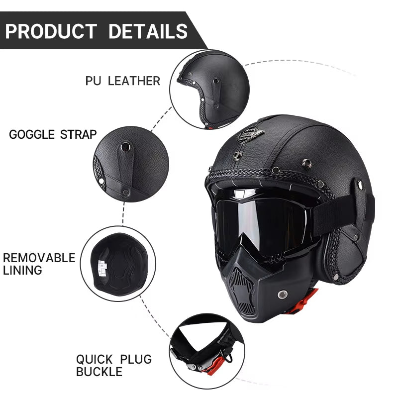 Rayvia Open Face Vintage Motorcycle Helmet With Goggle Mask - ABS Puncture Resistant