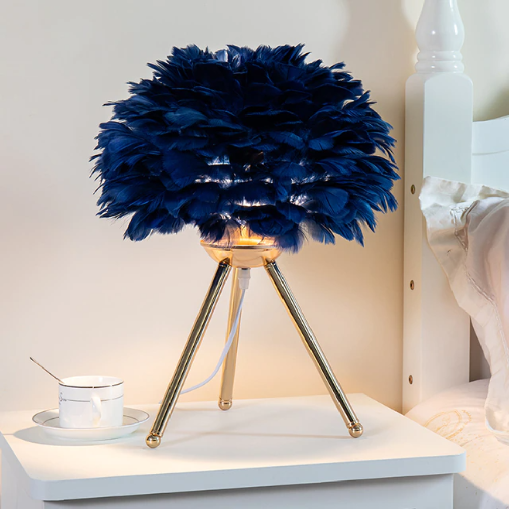 Royallure Feather LED Modern Table Lamp - 7 Colors - Tripod Golden lamp holder / Blue feather