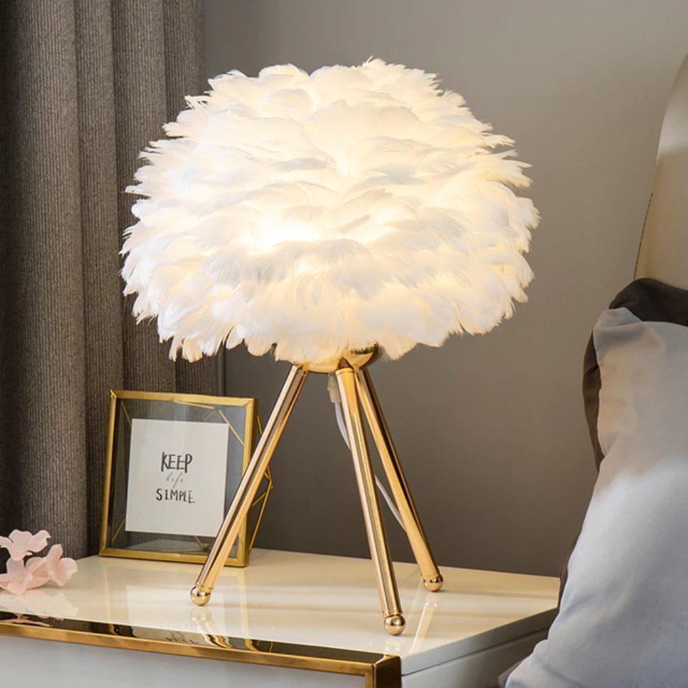 Royallure Feather LED Modern Table Lamp - 7 Colors - Tripod Golden lamp holder / White feather