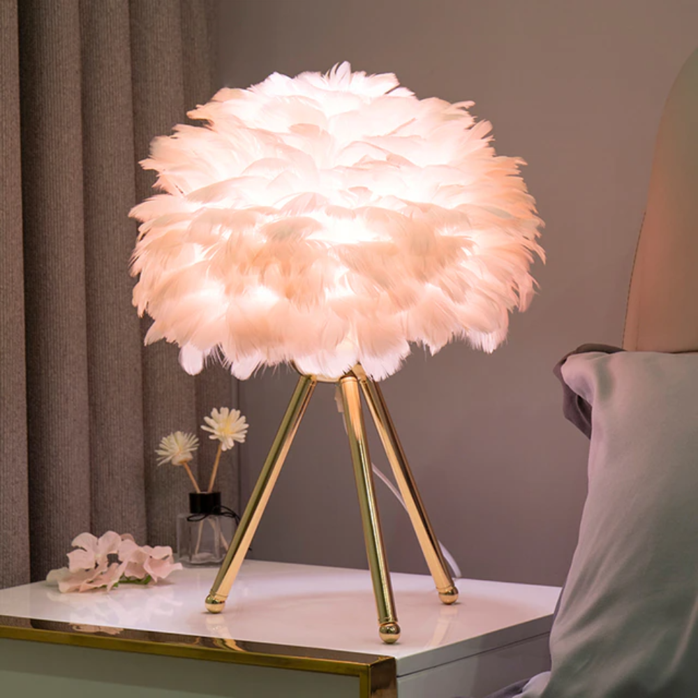 Royallure Feather LED Modern Table Lamp - 7 Colors - Tripod Golden lamp holder / Orange feather
