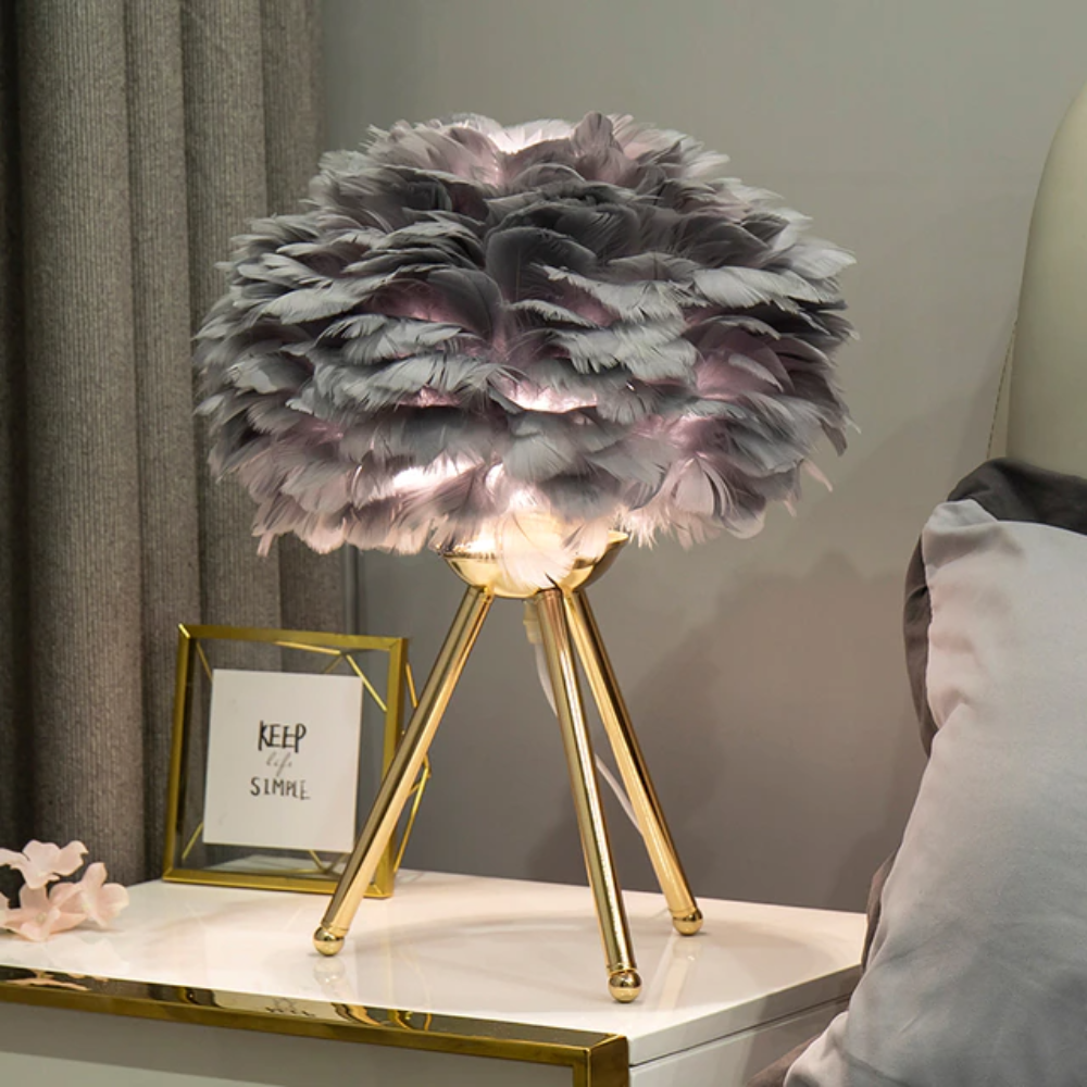 Royallure Feather LED Modern Table Lamp - 7 Colors - Tripod Golden lamp holder / Gray feather