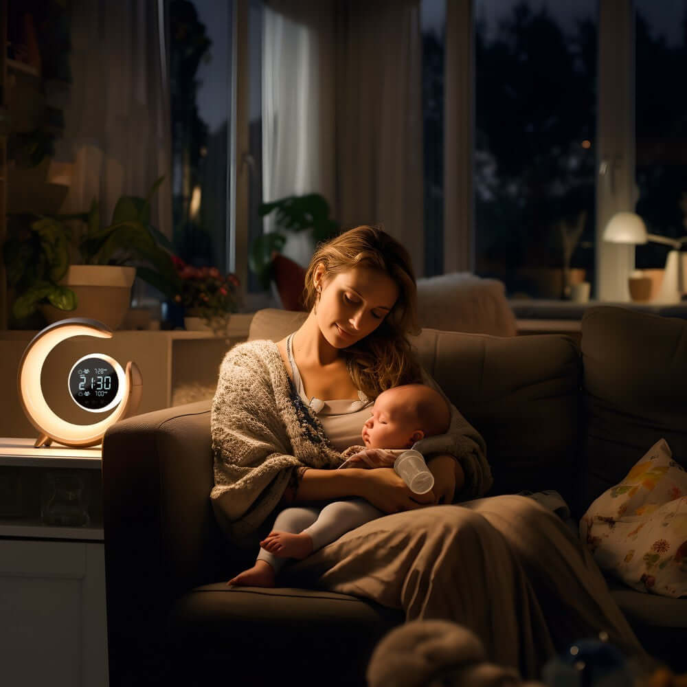 Mom holding baby in a cozy setting with Royallure Multifuntional Night Light illuminating the room.
