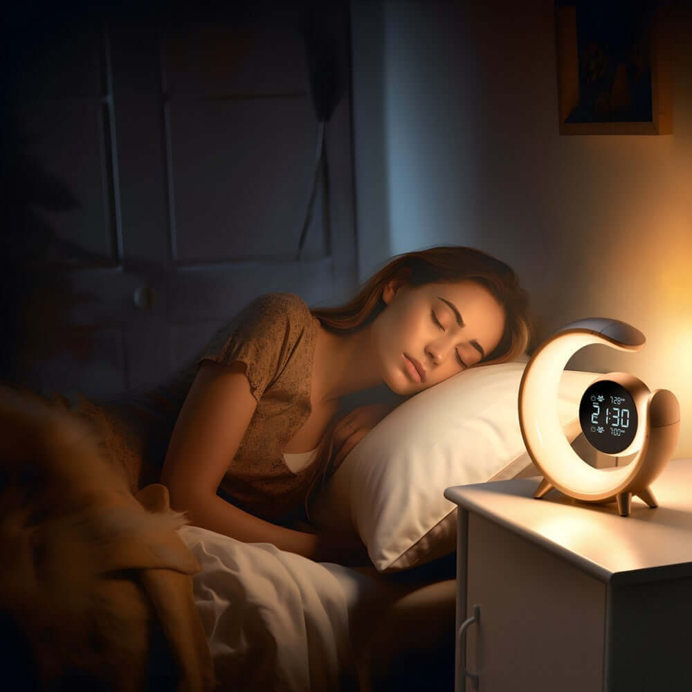 Woman peacefully sleeping next to the Royallure Multifunctional Night Light with alarm clock and dimmable display.