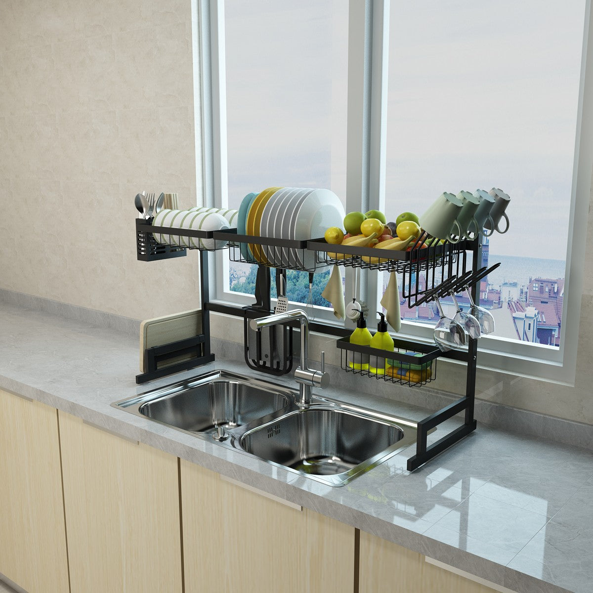 RoyaleGlow 34.6" Stainless Steel Black Dish Drying Rack Over Kitchen Sink, Dishes and Utensils Draining Shelf