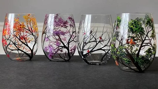 Luxora Four Seasons Tree Wine Glasses – Hand Painted Art