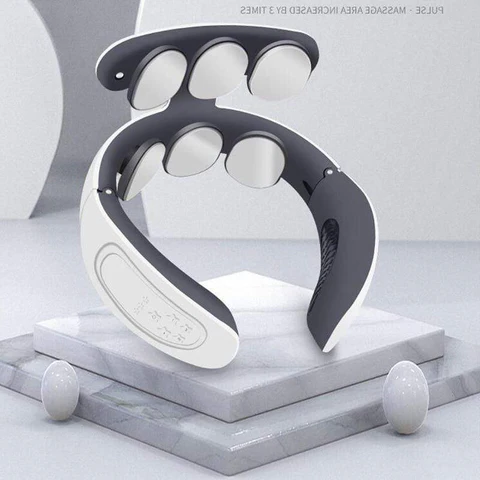 Intelligent Neck Massager with 6-zone pulse therapy, U-shaped ergonomic design, multiple massage modes, and USB charging for neck pain relief.