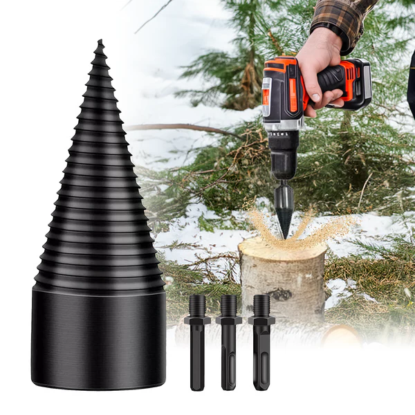 High-carbon steel firewood drill bit for fast and easy wood splitting. Features U-shaped non-slip thread design, multiple shank options (round, square, hex), and durable wear-resistant construction for efficient log splitting.