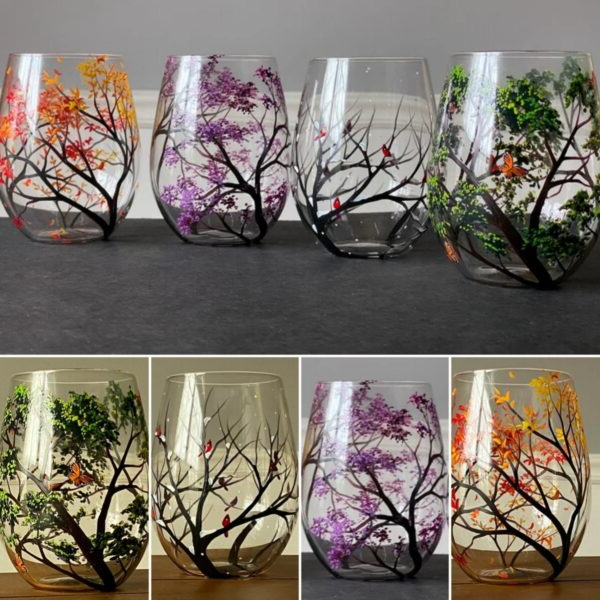 Luxora Four Seasons Tree Wine Glasses – Hand Painted Art