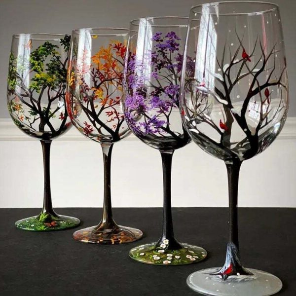 Luxora Four Seasons Tree Wine Glasses – Hand Painted Art