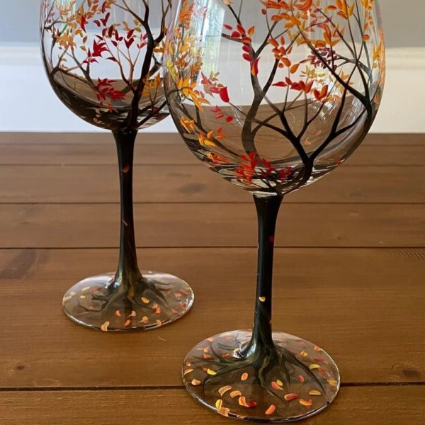 Luxora Four Seasons Tree Wine Glasses – Hand Painted Art