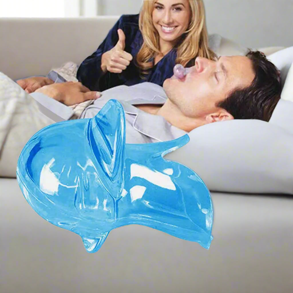 Clear silicone anti-snoring tongue device with gentle suction to reduce airway blockage and snoring; reusable, lightweight, and comfortable for men and women.