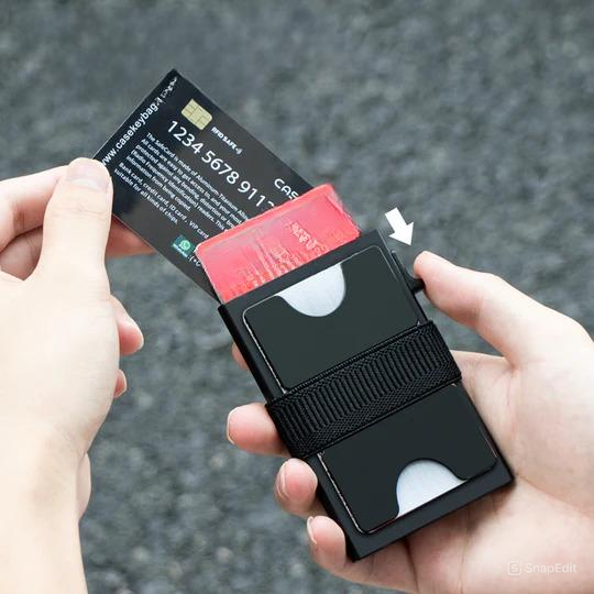 RFID Wallet Card Holder With Pop-Up Trigger Mechanism Military-Grade Aluminum Holds 12 Cards And Cash Ultra-Slim 0.6-Inch Design With RFID Blocking At 13.56MHz For Secure Minimalist Carry
