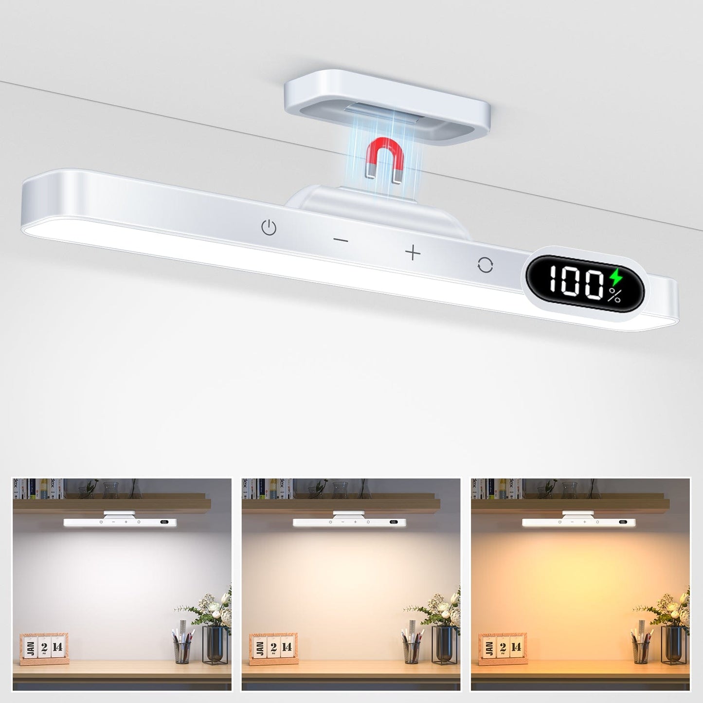 Portable LED Desk Light Bar - Magnetic, Remote Dimmable with 3 Color Modes - White