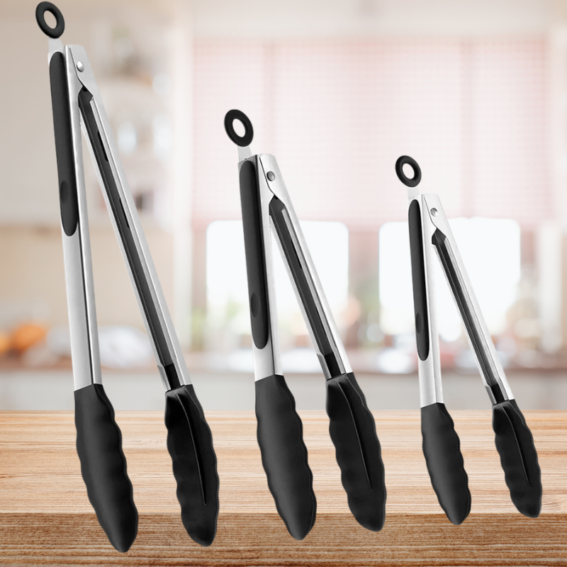 Set of 3 heat-resistant silicone kitchen tongs with stainless steel handles, locking mechanism, non-slip grip, BPA-free, dishwasher-safe, in 7", 9", and 12" sizes for cooking and grilling.
