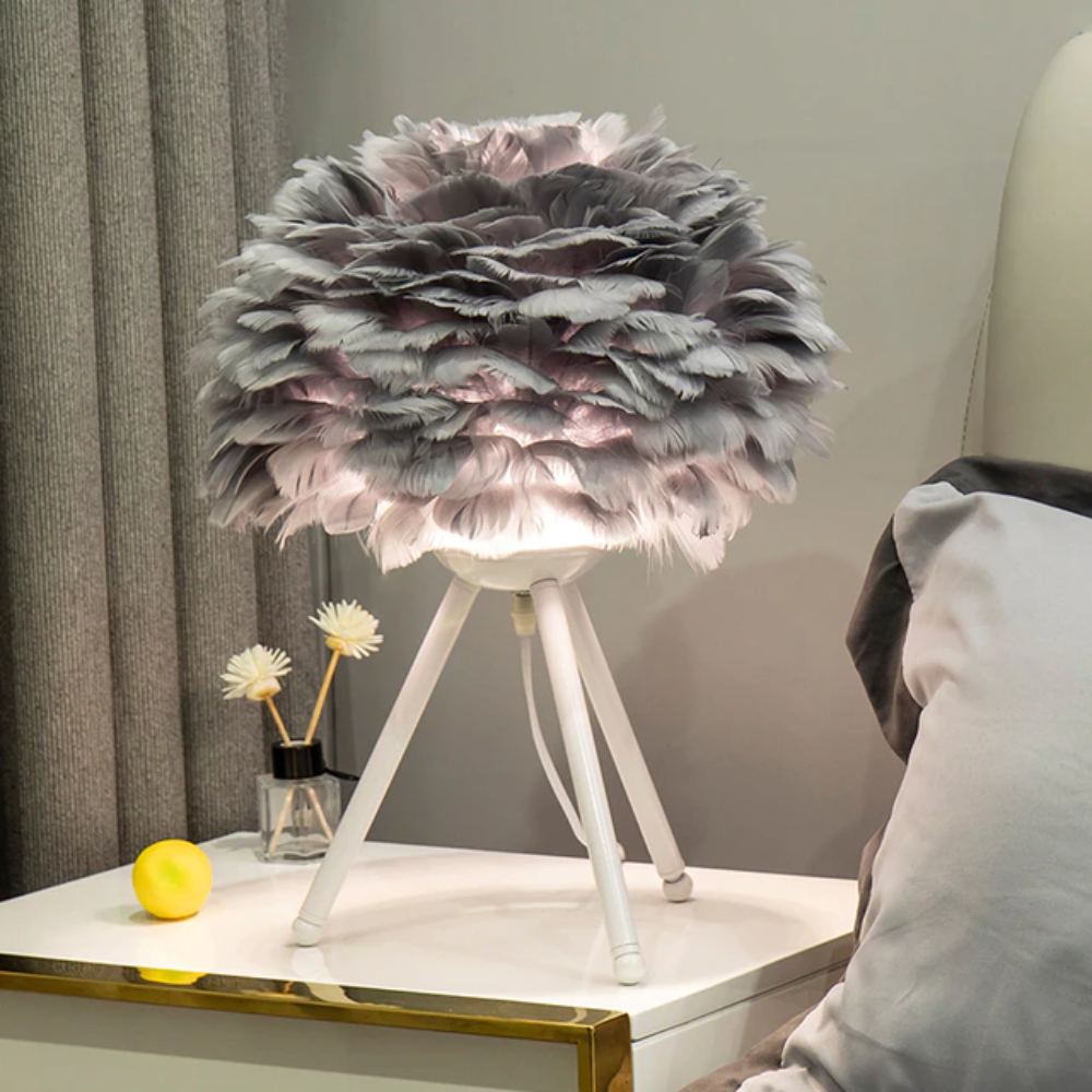 Royallure Feather LED Modern Table Lamp - 7 Colors - Tripod White lamp holder / Gray feather