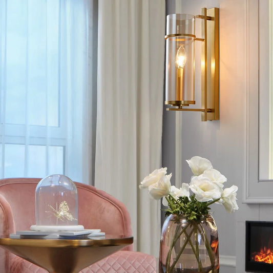RoyaleGlow Farmhouse Brass Wall Sconce with Clear Cylinder Glass Shade