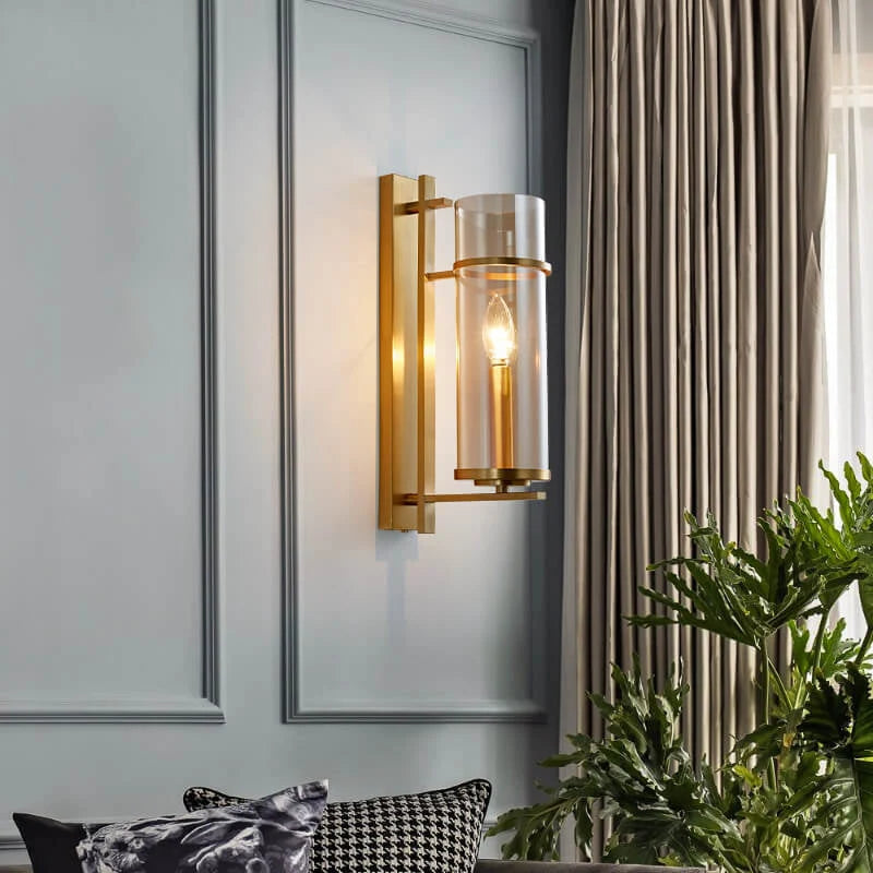 RoyaleGlow Farmhouse Brass Wall Sconce with Clear Cylinder Glass Shade - Royale Basic
