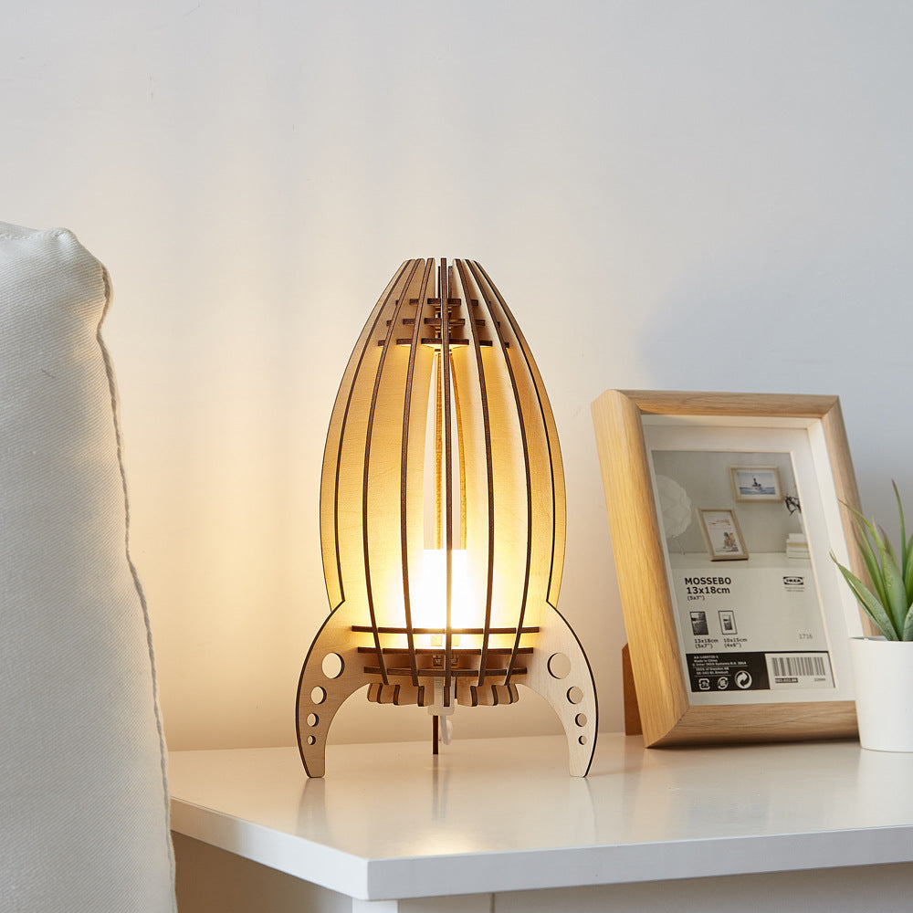Wooden Rocket Shaped Bedside Night Lamp with Dimmable LED Light - Remote