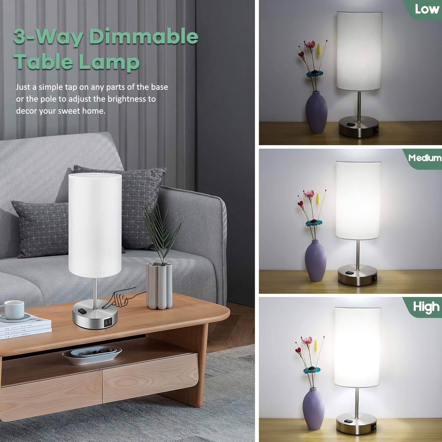 Bed Side Charging Lamp - Touch Control, USB Charging & AC Outlet, Dimmable - Silvery