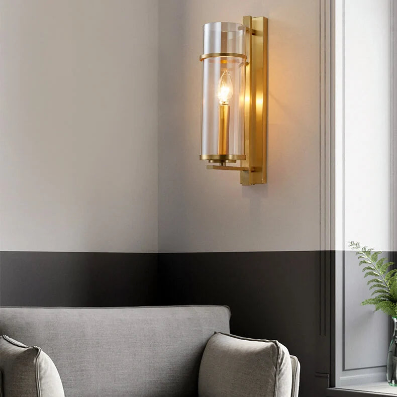 RoyaleGlow Farmhouse Brass Wall Sconce with Clear Cylinder Glass Shade - Royale Basic