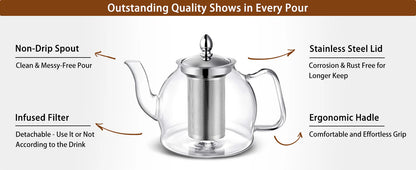 Luxora Blooming And Loose Leaf 1000ml Glass Teapot With Removable Infuser