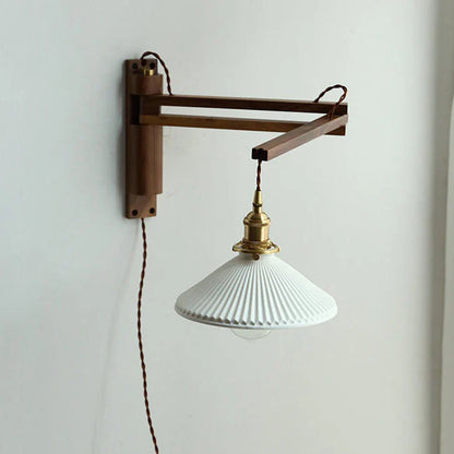 LuxRoyale Japanese-Style Walnut Folding Wall Sconce with Pleated Shade