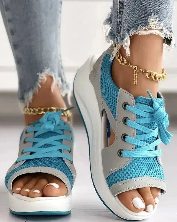 Luxora Contrast Paneled Cutout Lace-up Muffin Sandals