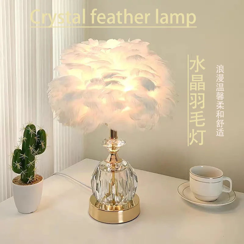 Crystal Desk Lamp LED Handmade Feather Desk Lamp - Nordic Bedroom Decor - White