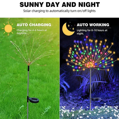 Solar-powered firework fairy lights decorating a garden pathway for a festive Christmas or wedding ambiance.