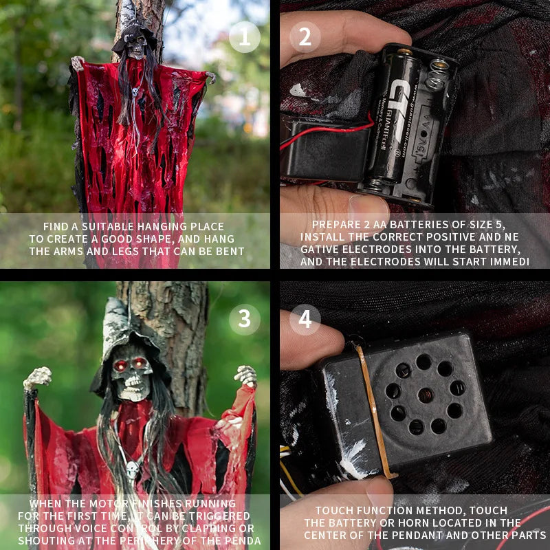 1-3PCS Animated Halloween Hanging Skeleton Ghost Light-up Sound Activated Horror Props for Haunted House Party Yard Decoration 4