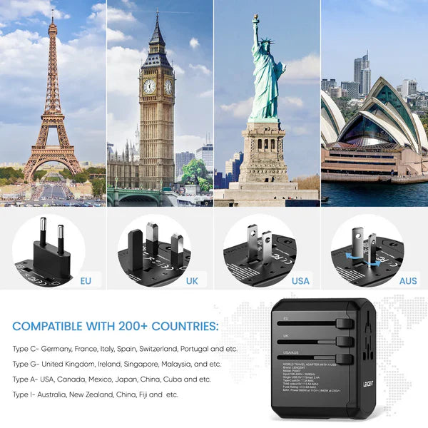Luxora All-in-One Universal Travel Power Adapter 4 USB Ports