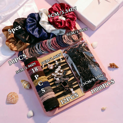 1085PCS Dark Hair Accessories for Woman Set Seamless Ponytail Holders Variety Hair Scrunchies HairBands Scrunchy Hair Ties 9