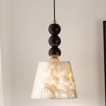 LuxRoyale Capiz Shell Pendant Light with Black Iron Beads