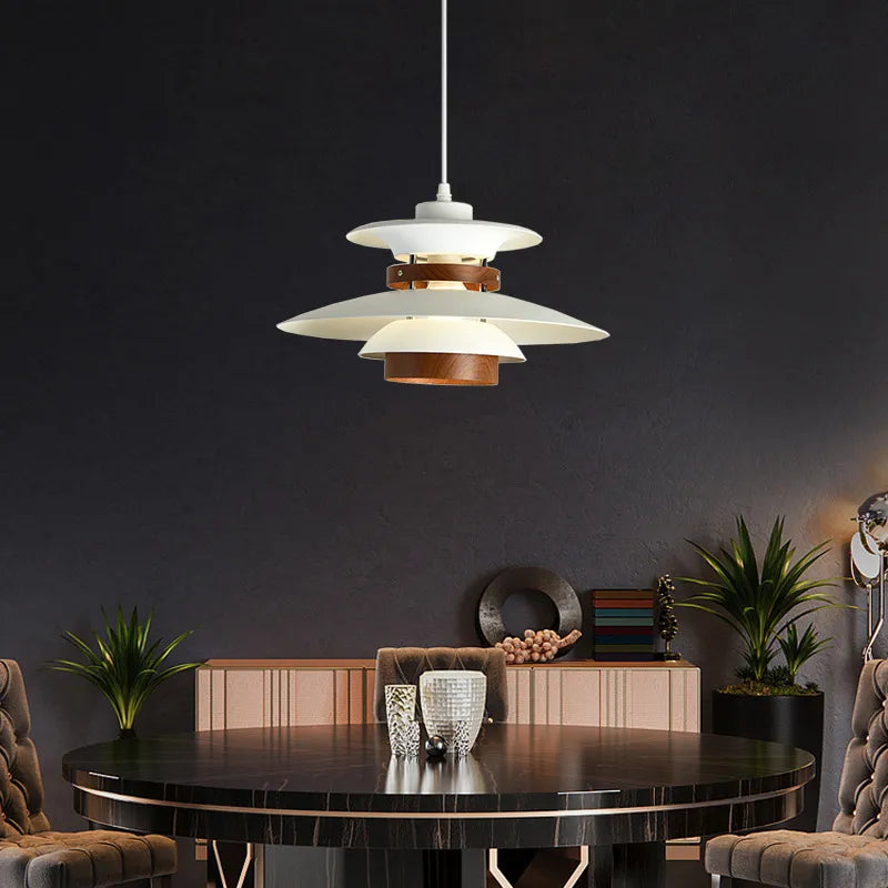 Royelux Layered Pendant Light - Modern Black & Wood Diffused Droplight