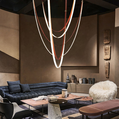 LuxRoyale Modern Leather Strap LED Chandelier - Dimmable Black Gold Chrome Finishes