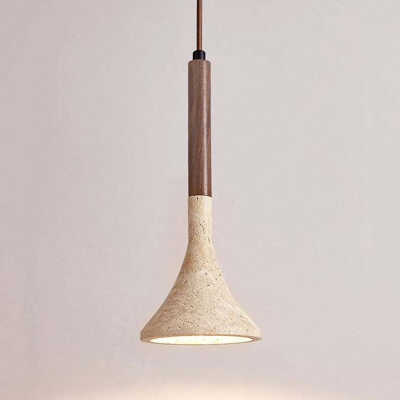 Royelux Travertine Cone Pendant Light with Walnut Wood Accent